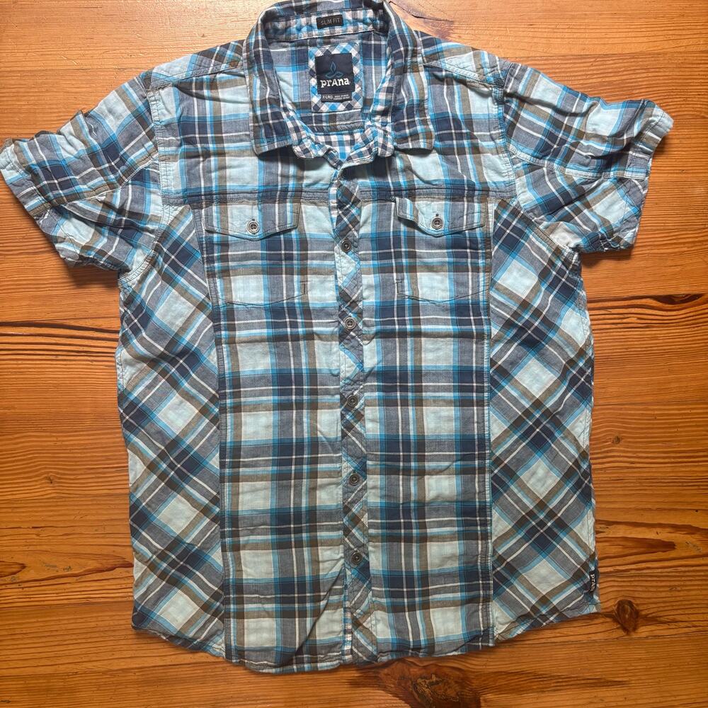 prAna blue white checkered short sleeve slim fit mens‎ shirt SIZE XL